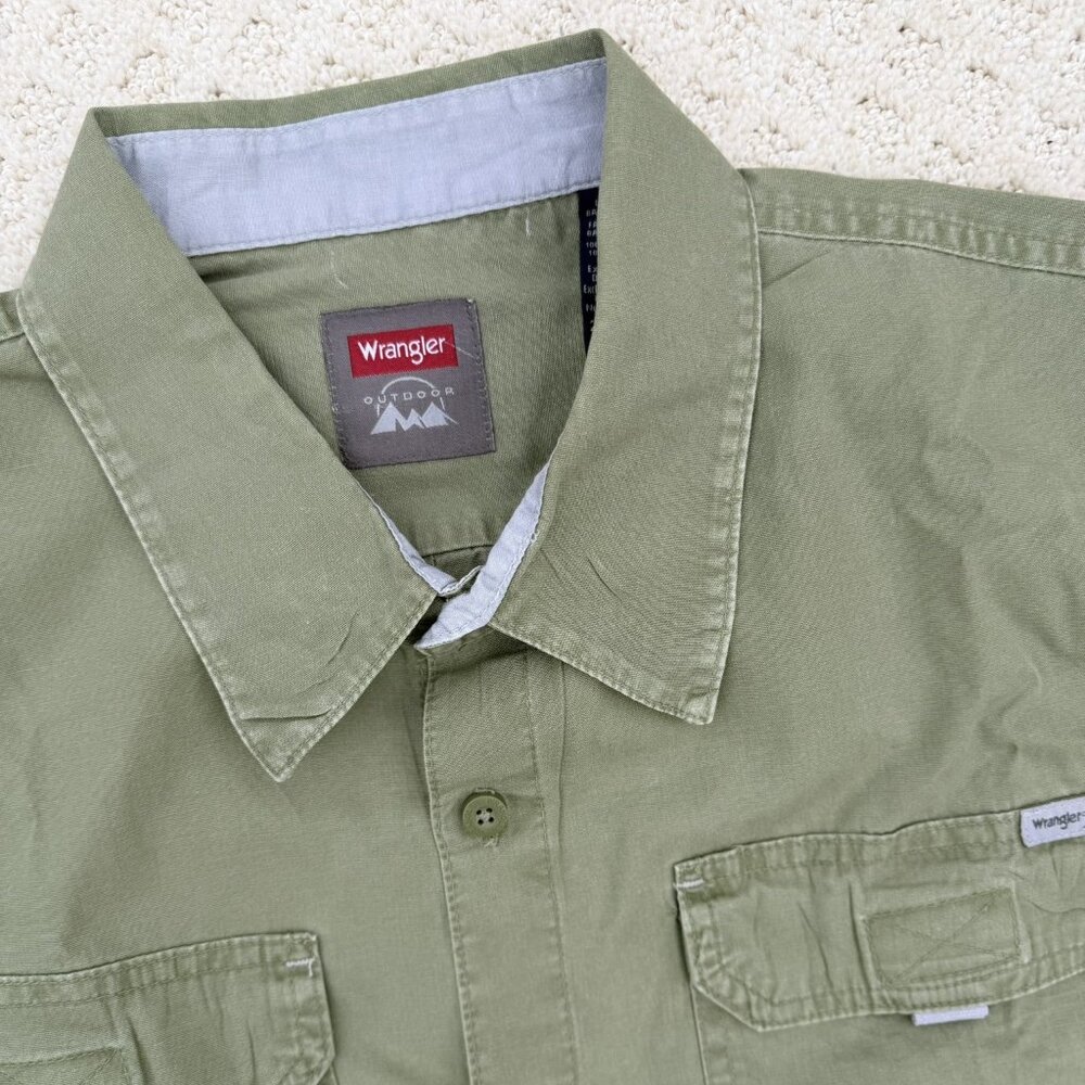 Wrangler Outdoors Shirt Men's Olive Green Short Sleeve Button-Up Pockets - 2XL